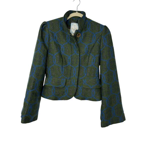 Tracy Reese Wool Blend Brocade Jacket Green Blue Metallic Pattern Size 6 - Picture 1 of 8